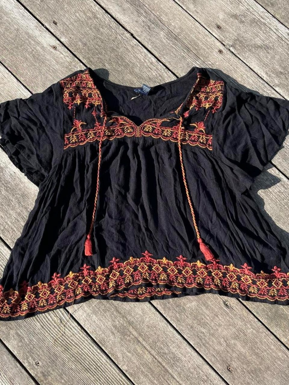 Forever 21 black + red orange embroidered flowy blouse